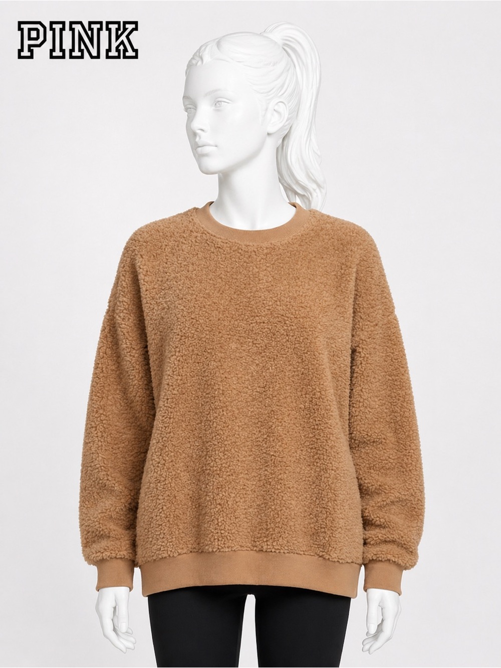 PINK Cozy Teddy Sweatshirt - Camel Brown - XS